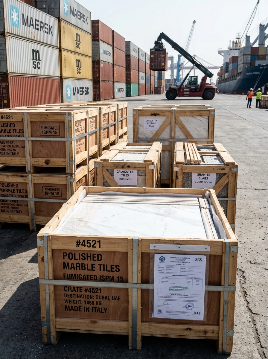 Export Wooden Fumigated Crates of Calacatta Marble Tiles