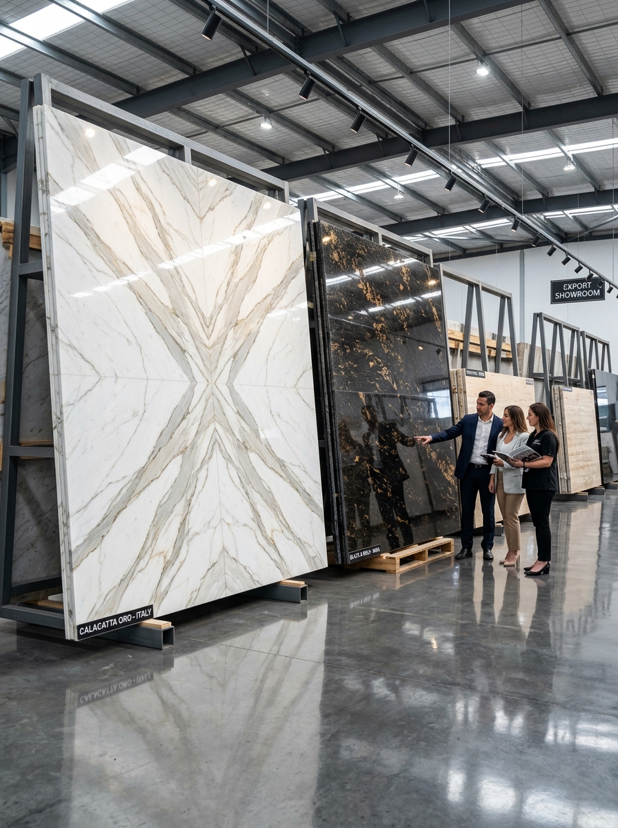 Book-matched Polished Italian Marble & Black Granite Slabs