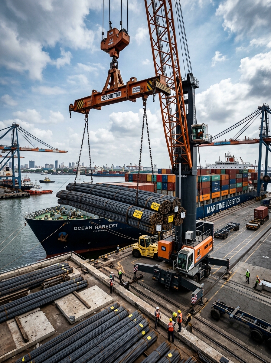 Port Crane Loading Fe 500D TMT Steel Bundles onto Cargo Vessel